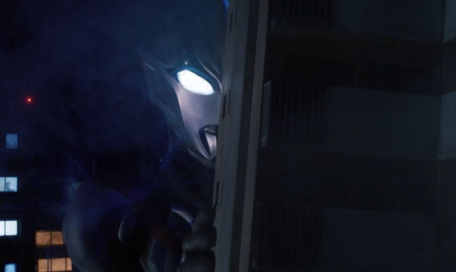 Ultraman Blazar looking out from behind a skyscraper