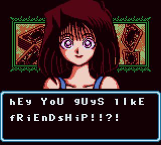 game art of Tea from Yu-Gi-Oh saying "hey you guys like friendship?!"