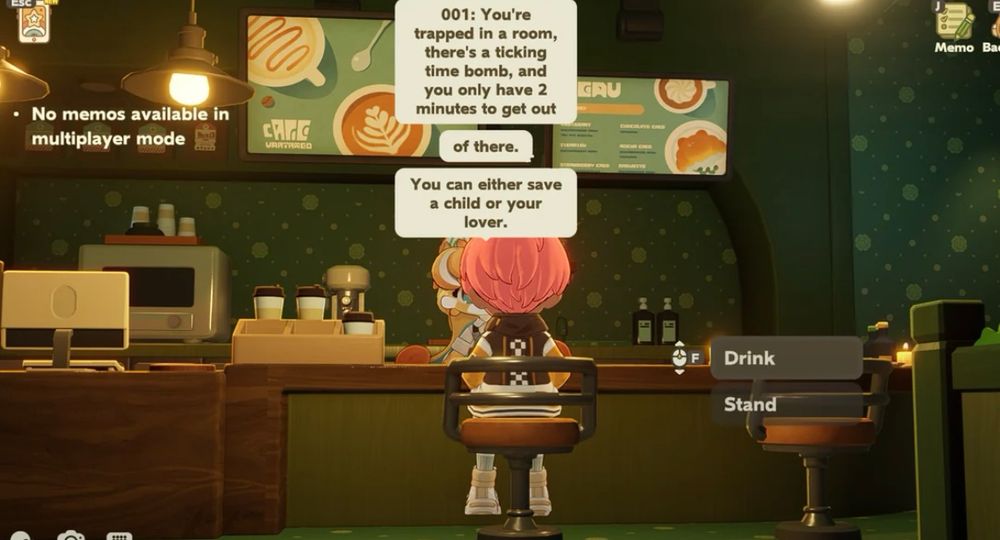 A screenshot from Petit Planet wherein Nola the AI powered bartender is seen saying

“001: You're trapped in a room, there's a ticking time bomb, and you only have 2 minutes to get out of there. You can either save a child or your lover.”