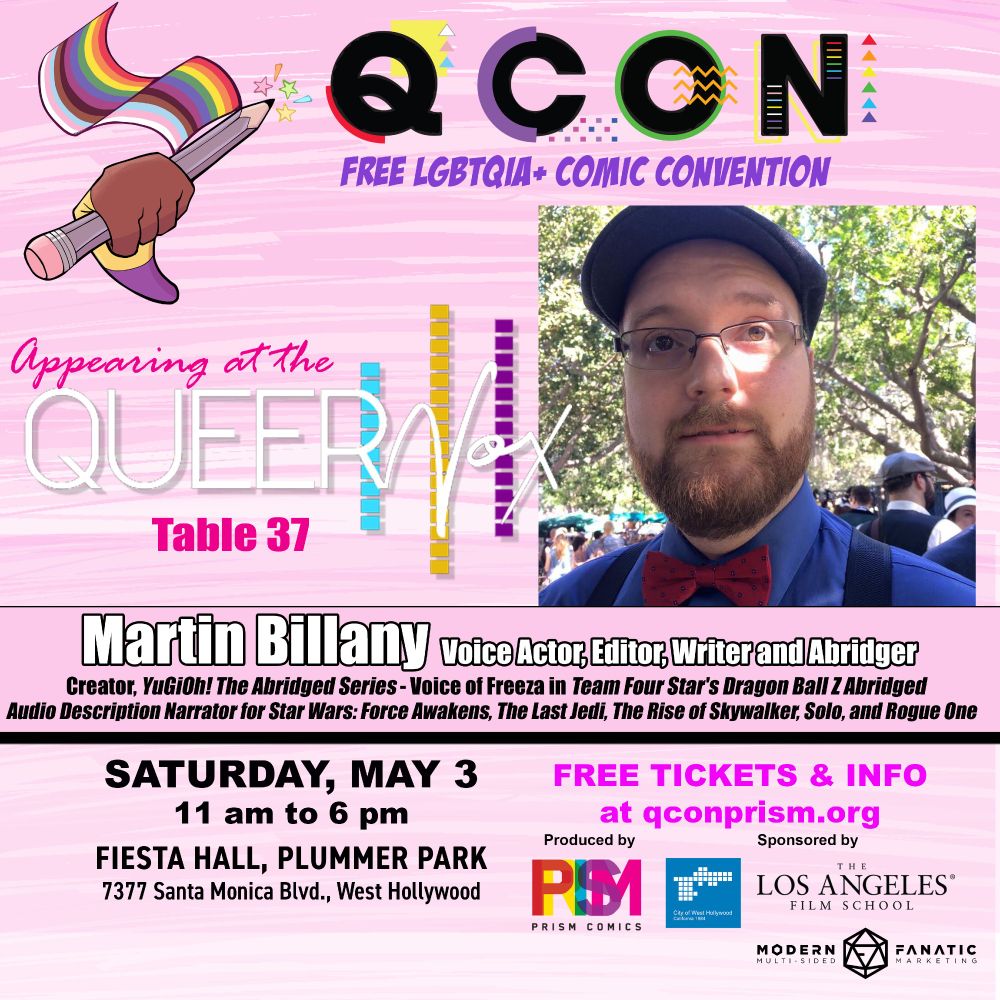 Promo image advertising my appearance at Q CON at Fiesta Hall, Plummer Park - 7377 Santa Monica Blvd, West Hollywood on May 3rd

Tickets and info available at qconprism.org