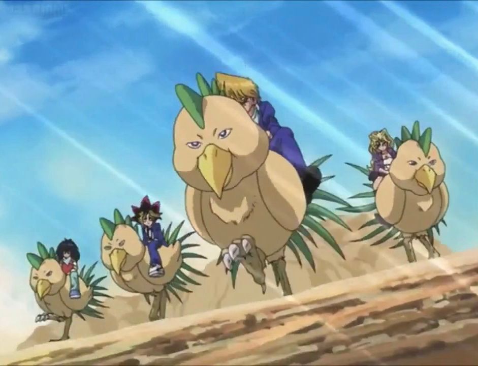 Mokuba, Yugi, Joey, and Mai riding niwatori chicken monsters