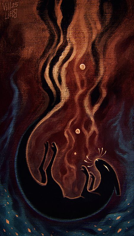 Digital illustration of a black slugcat drowning in the void. Fan art for the Rain World game with a personal meaning/emotion behind it.