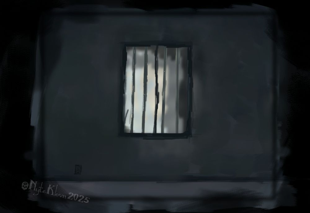 a piece drawn with a mouse of an empty dark room with a single window that has bars over it with silhouettes outside in light, in the bottom left corner there is an outlet alongside the artist's signature reading "@NyteKlovn 2025"
