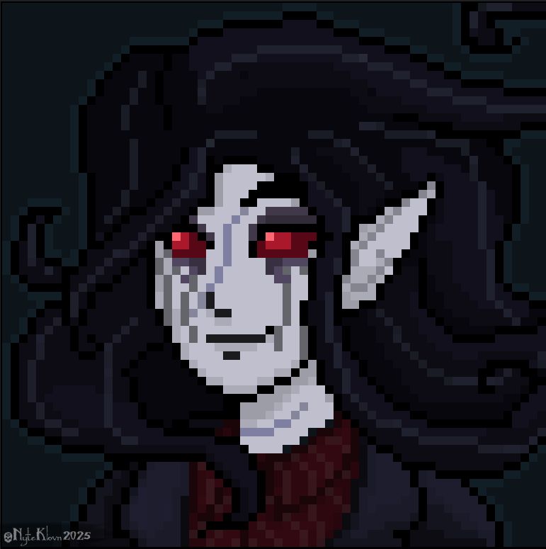 a 64x64 pixel art piece of an undead elf with floaty hair in black. He has red eyes, tearstreaks down his face and scarring on his neck and across his face. The background is a deep blue-ish steel, and he is wearing a black trenchcoat with a red button shirt