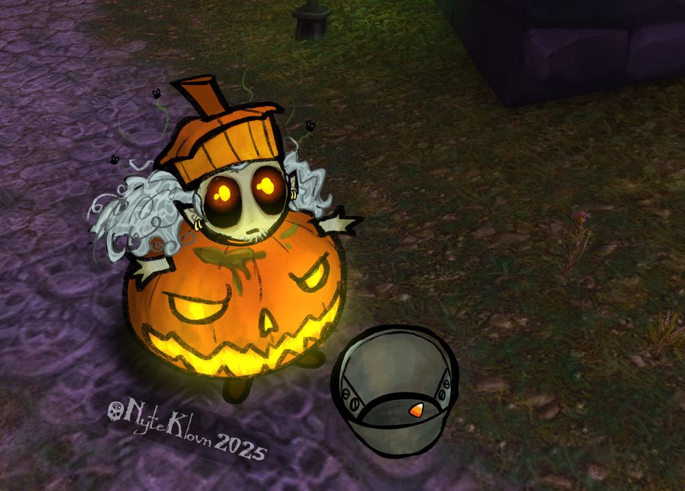This is a chibi commission of KottKrig's character Sid in a large pumpkin outfit carved similarly to a jack o lantern looking very sad with some form of goop or bile on top of the pumpkin, in front of him is a bucket filled with exactly one candy corn. Sid has little flies with stink lines buzzing around him, he has large curly white hair with a soft minty green tiny, bright yellow eyes that glow with a black sclera and little gold earrings in his ears. The background is a screenshot of a location in World of Warcraft called Brill near Undercity