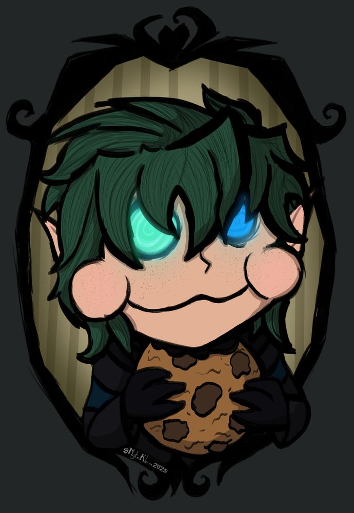 A chibi portrait in similar style to Dont Starve Together game of an elf holding a cookie taking a big bite out of it. Its in a frame thats black with a dingy yellow interior that has stripes. The Elf himself has deep green hair, mismatched eyes in Teal and Blue, and a black outfit with black gloves 