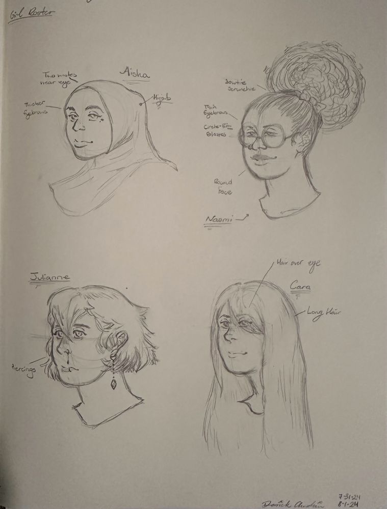 Pencil sketches of four headshots. The headshot in the top left depicts an arab women in a hijab named Aisha. The top right depicts a black women with tied back hair that goes into a puff, named Naomi. The bottom left depicts a white women with short hair and piercings on her ears and nose, named Julianne. The bottom right depicts a white women with long hair with a swish of her hair covering one of her eyes, named Cara.