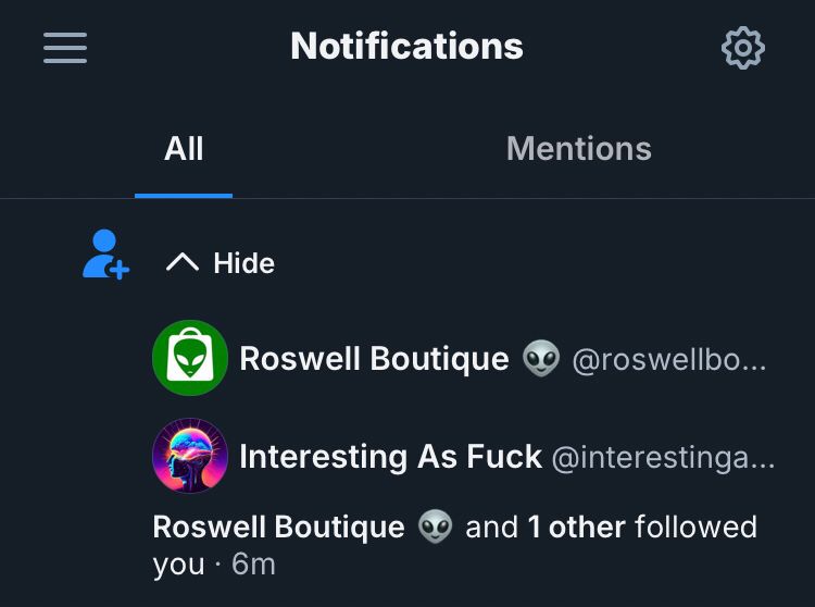 A screenshot of my notifications for new followers. The accounts are “Roswell Boutique” and “Interesting As Fuck,” both of which have a decently large following, but are also following thousands of people themselves. The “Interesting As Fuck” account is notable, as it is an extremely popular account from Twitter, however it is unknown to me if this account is run by the same people.