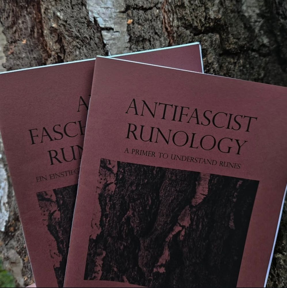 A photo of two brown zines held against the trunk of a birch tree. The same tree is also used as the cover image. Atop is the title as follows "Antifascist Runology" and the subtitle "A primer to understand runes".