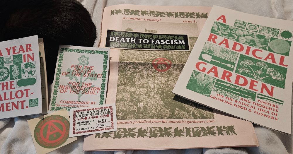 A photo of three zines, two stickers, a newspaper, and a membershipcard to "The Anarchist Gardeners Club"; with the Membership number 355 and the Name/Alias signed with "Kára". The Card is ornamented with floral illustrations, anarchist symbols. One Zine, in A6 format, is titled "A Year In The Allotment.". The red titel text is sorrounded by green illustrated panels with floral images. The Second, also in A6 format is titled "For the death of the state, for the insurrection of the soul! Communiqué #1 The Anarchist Gardeners Club". Behind the red title is a green illustration of a plant with an anarchism symbol in the flower. The third zine is in A4 format and the red bold title reads "A Radical Garden, posters and thoughts on the radical idea of growing food & flowers". The title is sorrounded and embedded in a lot of green panels showing images of flowers and vegetable plants. Lastly the newspaper cover has a very small red title on the cover page that reads "A common treasury Issue 1." above and "a peasants periodical from the anarchist gardeners club" below a greenscale image of a large flower field garden with a few trees and a house block in the distance. The image has a red anarchist circled-A symbol in the center. Above and below the titling is a row of simplistic plant-illustrations in green.