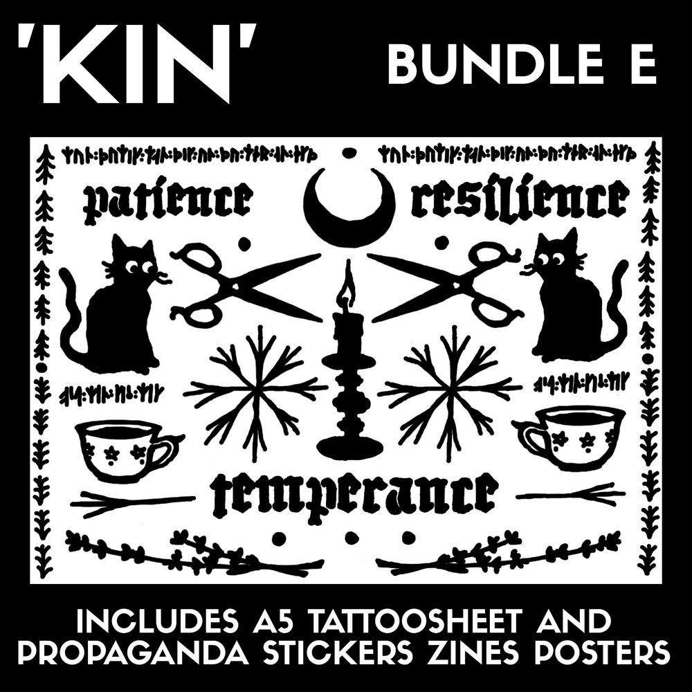 "KIN Bundle E
the tattoosheet shows black on white illustrations of two mirrored black scruffy cats, two floral teacups, two snowflakelike symbols, two trident twigs that look like the algiz rune, two lavender branches, two mirrored scissors, a candle, a moon, the words "temperance", "resilience" and "patience" in a sort of lowercase fraktur font, the sides of the sheet have repetetive tree like ornaments and lastly there are two of the so called bryggen inscriptions, both twice. the bryggen inscriptions are historical runic inscriptions currently in the bryggen museum.