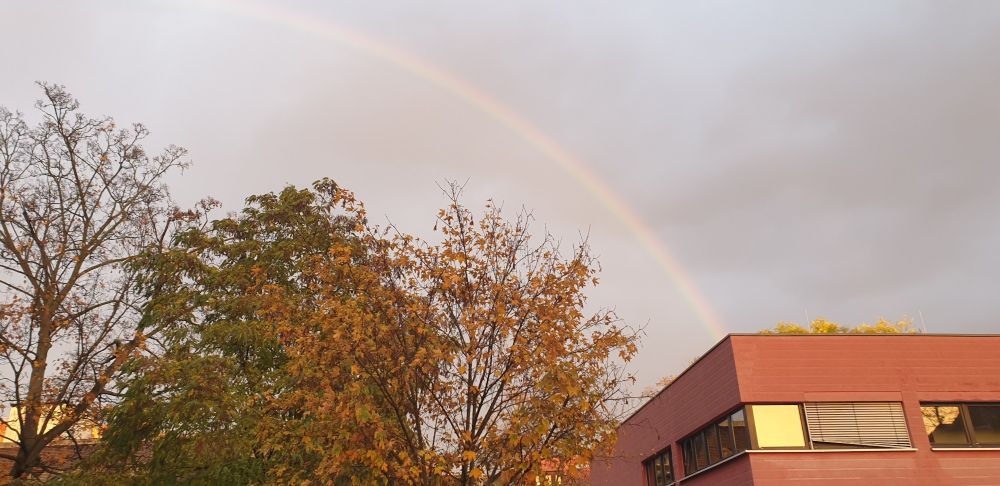 Ein regenbogen gegen einen graublauen Himmel. Unterm Regenbogenhimmel sind Bäume und ein rotes modernes Gebäude. Beide werden von der untergehenden Sonne rot angestrahlt und man sieht das Abendrot golden in der Fensterscheibe reflektiert.