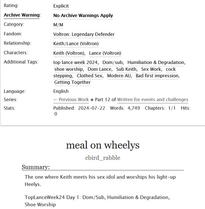 Screenshot of a fic header on ao3. Title: meal on wheelys. rating: explicit. no archive warnings apply. wordcount: 4749. chapters: 1/1