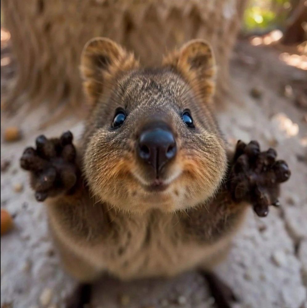 Süßes kleines Nagetier, das die Pfötchen hochreckt und in die Kamera zu lachen scheint