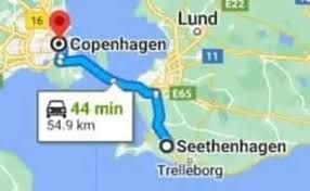 Google maps screenshot showing a route from Copenhagen to (fictional) Seethenhagen as a joking way to say 