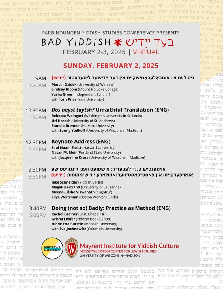 Graphic of schedule for Farbindungen 2025, day 1. A text-only schedule is included in the post above, which includes one line of Yiddish text in Panel 1, but is otherwise written in Roman characters.