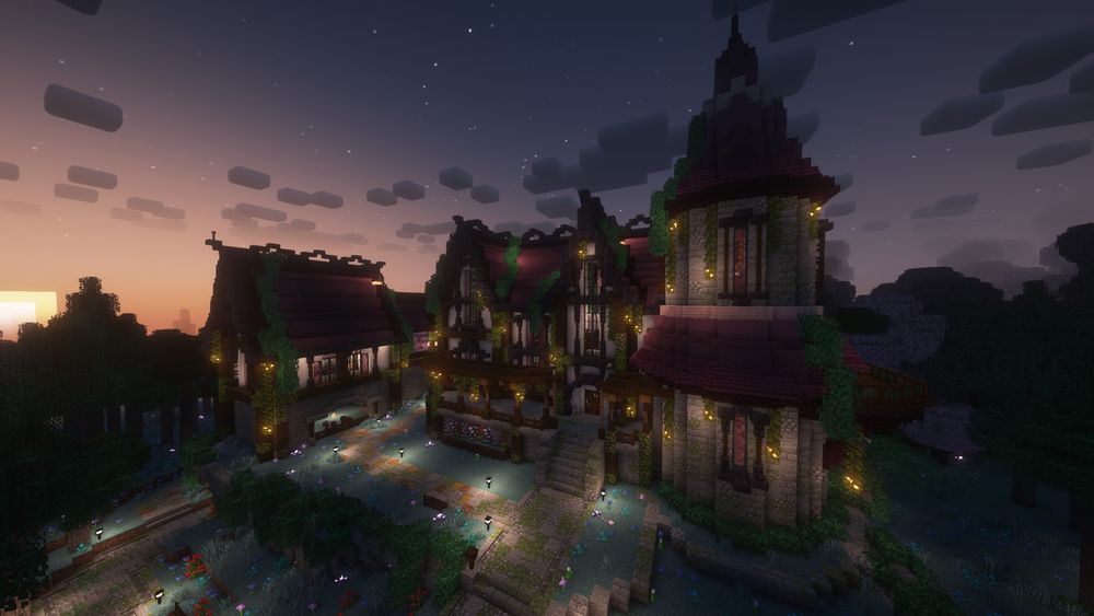 the same very large Minecraft house, fit with a round tower & horse stable with triangular arched roofing, the background now has the sun setting and the stars are coming out, the sky has a pink/blue/purple gradient to it