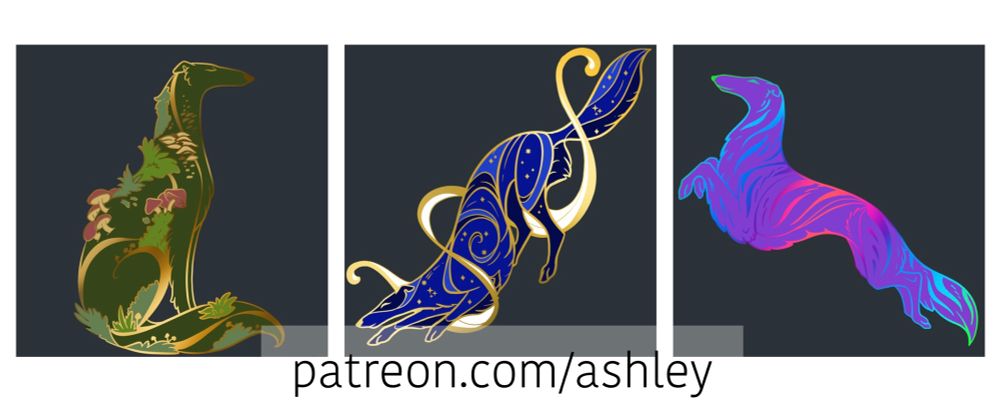 Three digital drawings of borzoi with clean hard edges to be used as enamel pin designs. The first is a green dog sitting in profile, covered in moss, grass, and mushrooms. The middle one is a blue dog in a play bow position with gold and white swirls wrapping around the dog, and celestial designs on the fur. The third one is a brindle borzoi leaping in profile with rainbow outlines and stripes, and purple fur. The image is watermarked with a URL to patreon.com/ashley