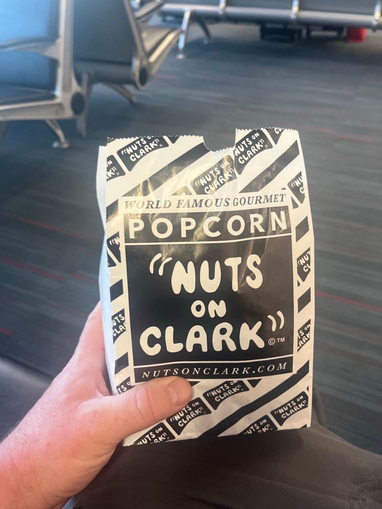 Popcorn bag with “nuts on Clark” logo from Chicago. 