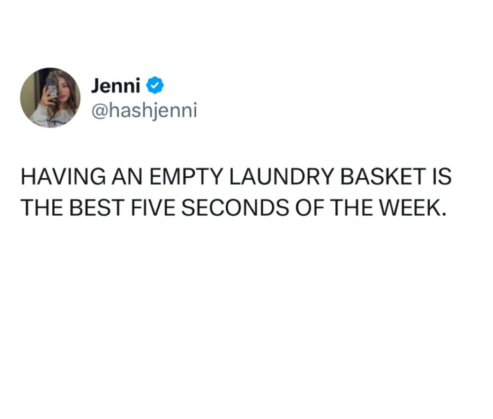 A white background and words that say “Having an empty laundry basket is the best five seconds of the week” in all caps.