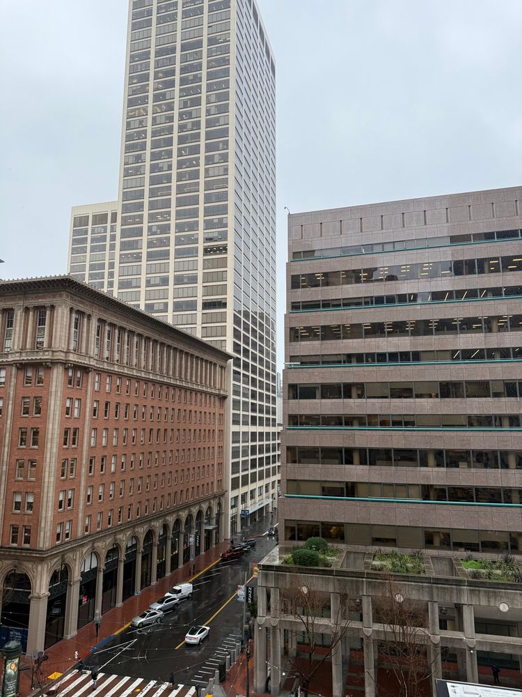 A snapshot of buildings taken outside the Hyatt Regency hotel in SF. 