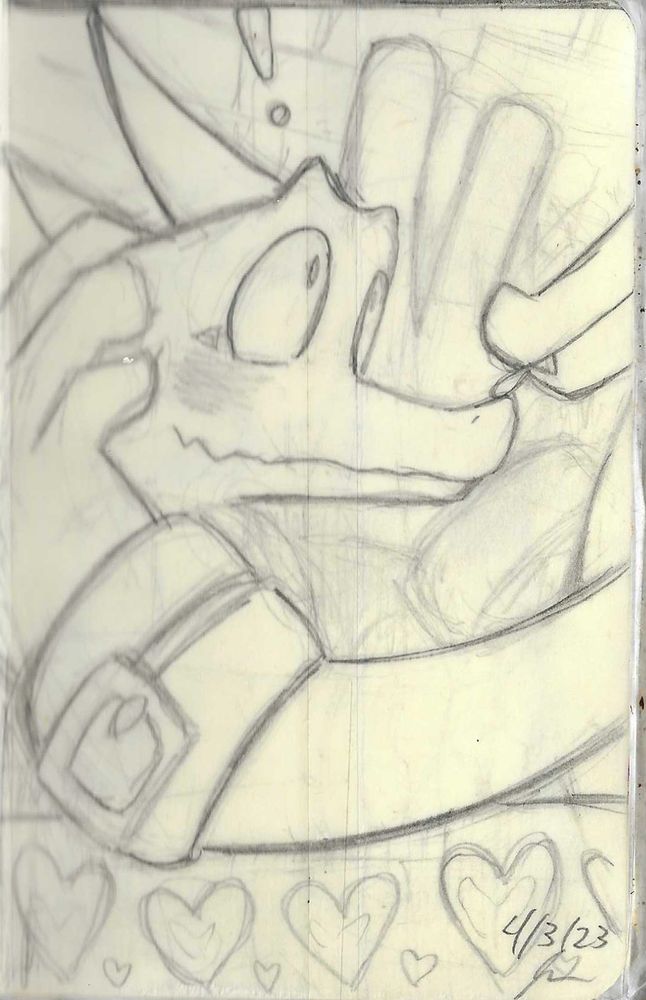 sketch of an anthropomorphic monitor scalie being kissed by Vector the Crocodile