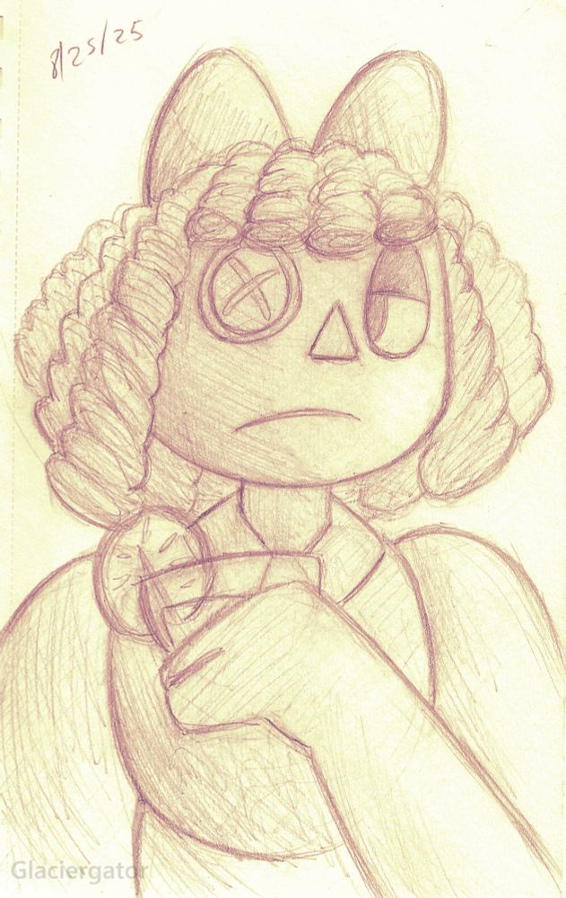artwork sketch of Ragatha from the Amazing Digital Circus holding a cocktail with a forlorn expression. 