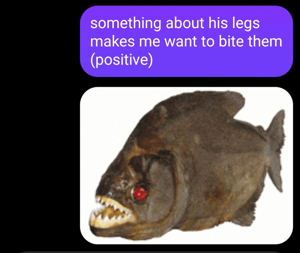 on the top is a purple text bubble that says, "something about his legs makes me want to bite them (positive)." below that is a freeze frame of a gif of a piranha with red laser eyes