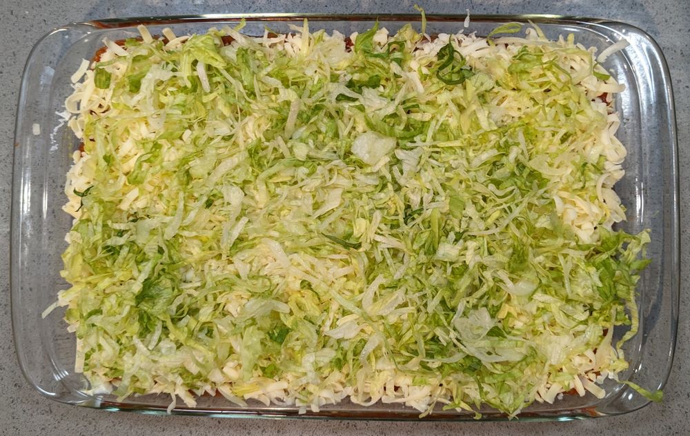 overhead view of an immaculate seven layer dip