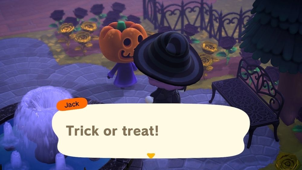 Jack from Animal Crossing New Horizons telling the player character “trick or treat!”