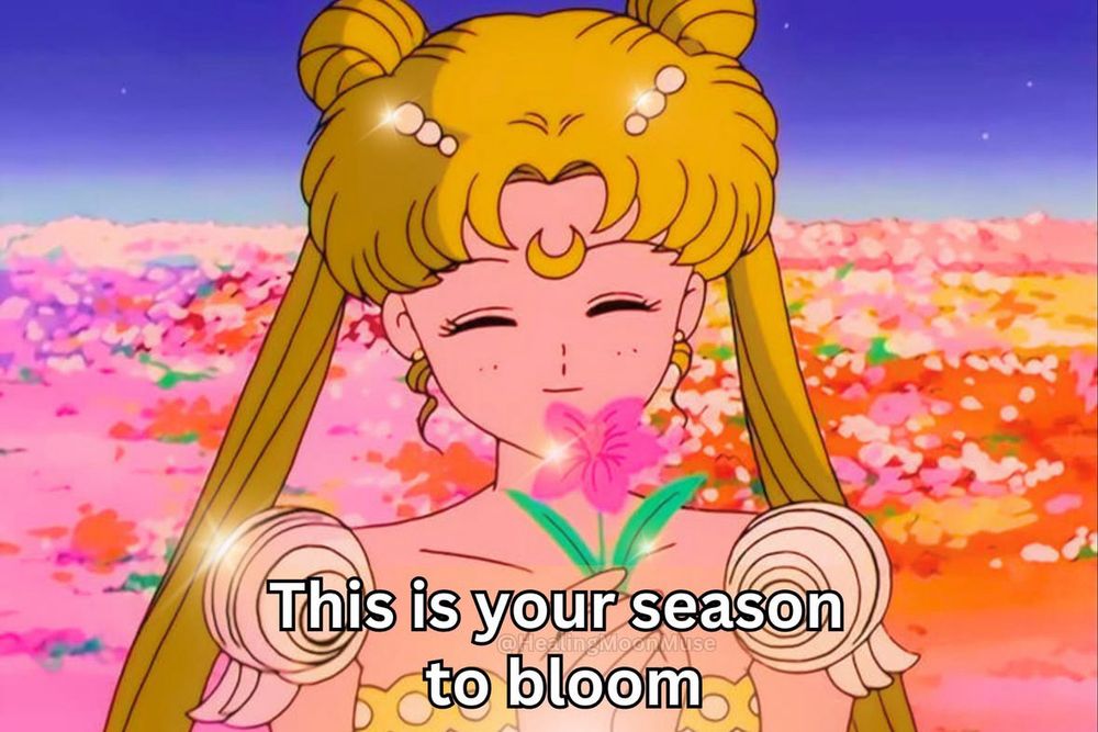 Sailor Moon holding a pink flower in a floral field