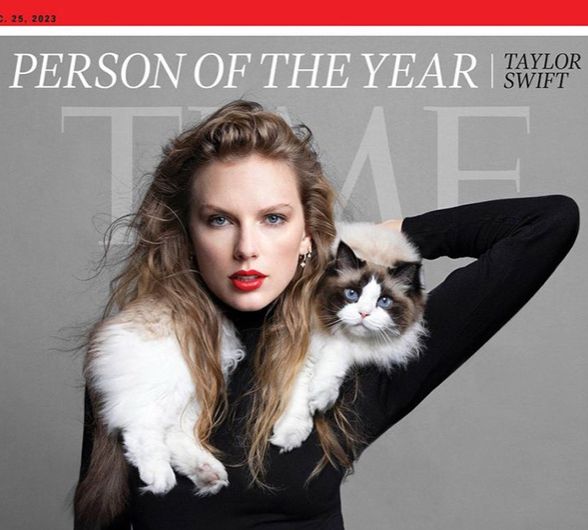 Taylor Swift on the cover of TIME magazine for person of the year with her ragdoll cat, Benjamin, on her shoulders 
