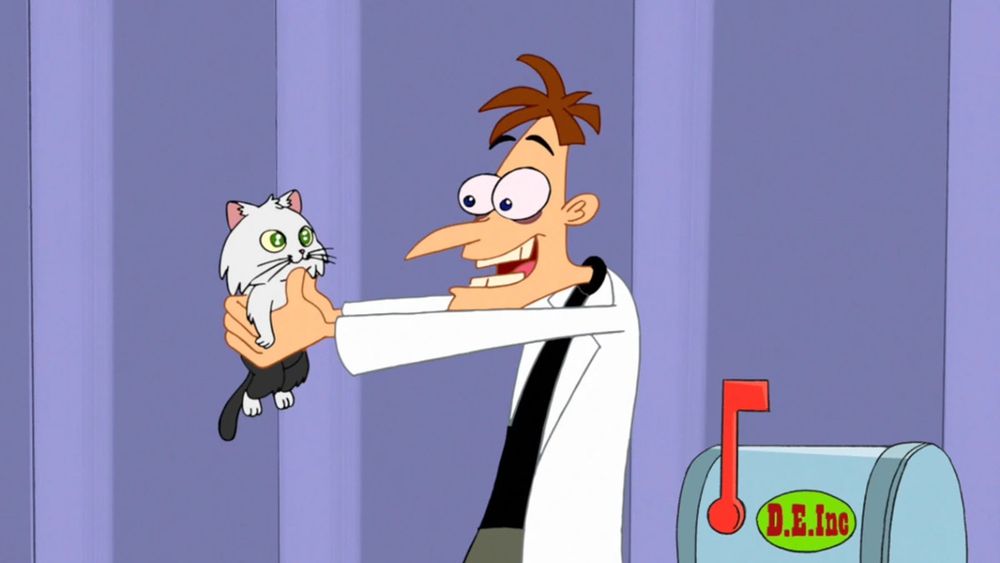 Doofinshmirtz holding a tiny Mr. Fluffypants 