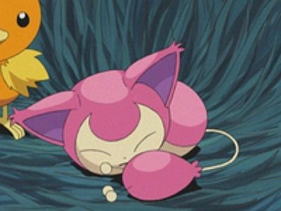 Skitty curled up and sleeping in a grass patch