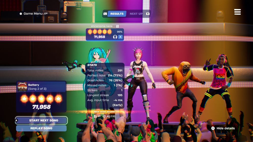 Battery, 99% accuracy on Vocals extreme difficulty, 5 Gold Stars. 