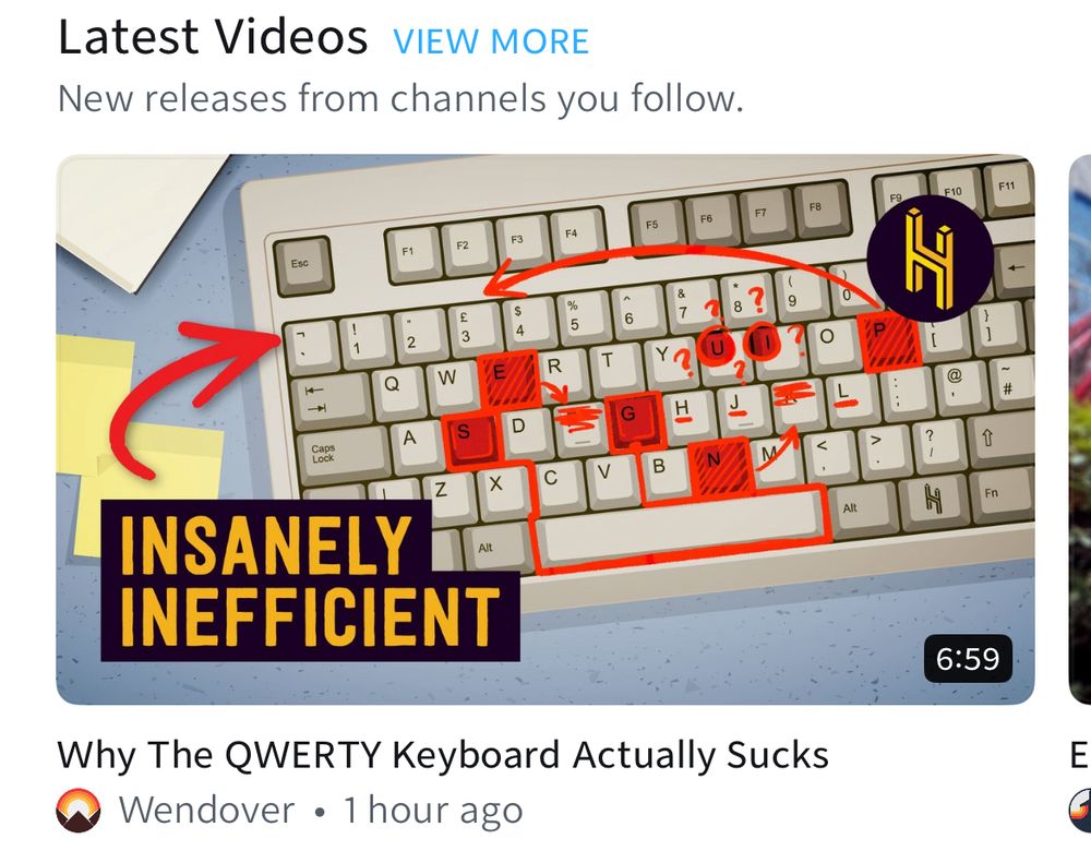 A screenshot of Nebula’s “Latest videos” section. The latest video shown is “Why the QWERTY Keyboard Actually Sucks” by Half as Interesting, but the Nebula UI shows the channel name as “Wendover” and shows the Wendover Productions branding. 
