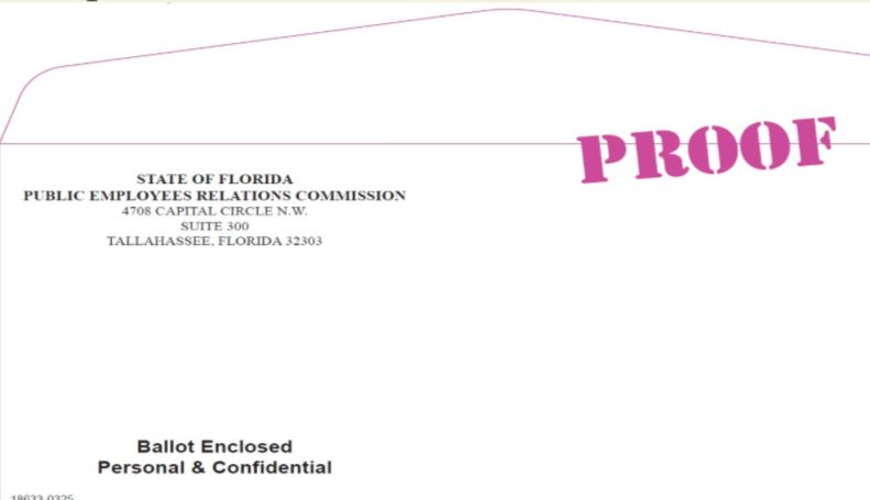 Sample important ballot from the State of Florida Public Employee’s Relations Committee marked “ballot enclosed, personal and confidential.” 