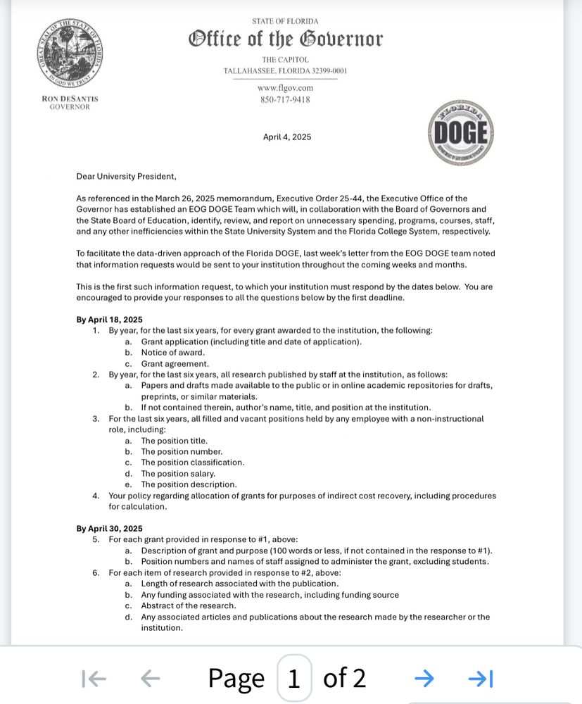 A copy of the two-page memo sent from FL’s Office of the Governor to state college and university presidents cc’d to each institution’s board of trustees chair