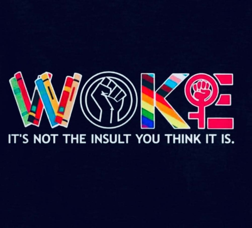 Woke spelled out using images for human Rights etc.. 
Books.
Black lives matter.
LGBTQ2S+ rainbow community.

Woke
It's not the insult you think it is.