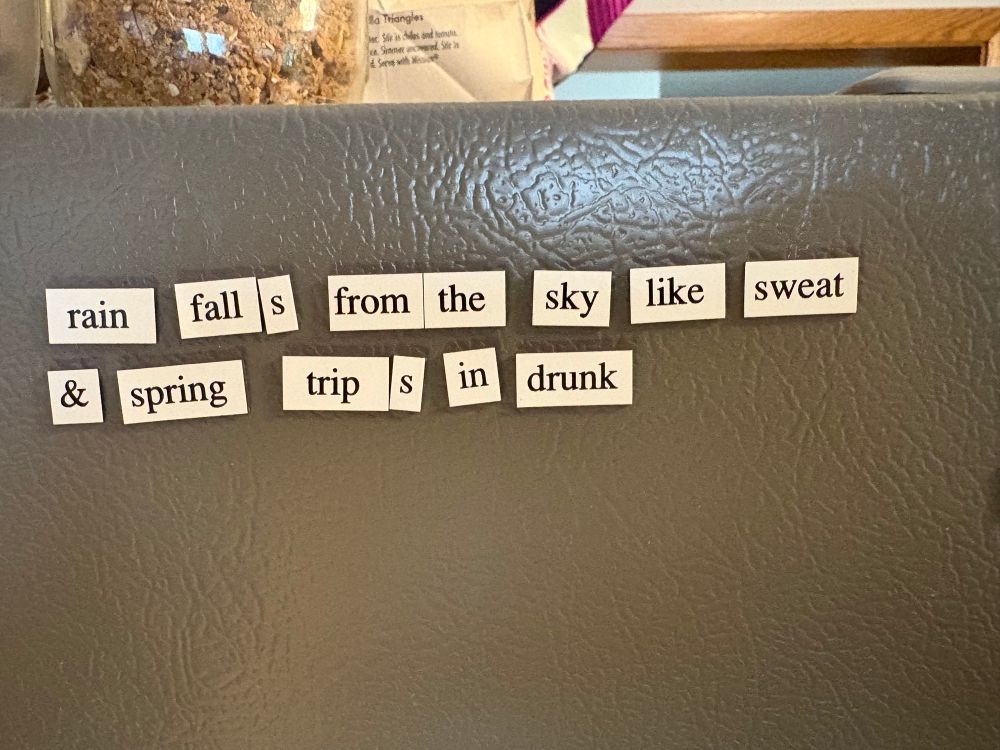 photo of magnets with words on a fridge. the poem reads

“rain falls from the sky like sweat
& spring trips in drunk”