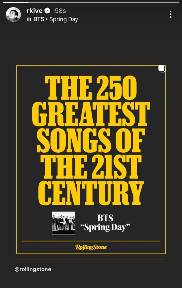 A screenshot of Namjoon's post showing spring day as the 259 greatest songs of the 21st century 
