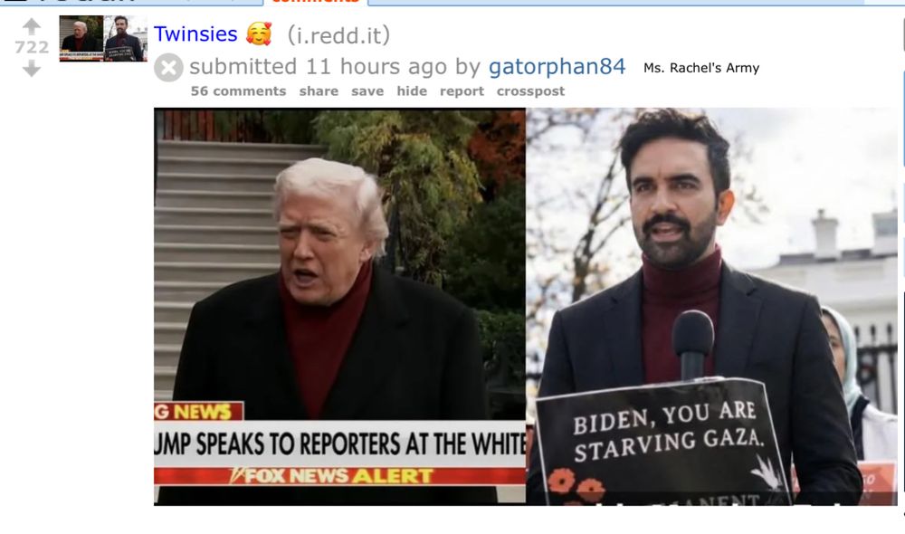 Photoshopped image showing Trump wearing an outfit matching Mamdani's (dark coat, dark red turtleneck)