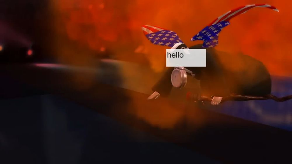 Wrestling game screenshot of a character called "ultimate crack smoking warlock" crawling on all fours with a box containing the text "hello" superimposed