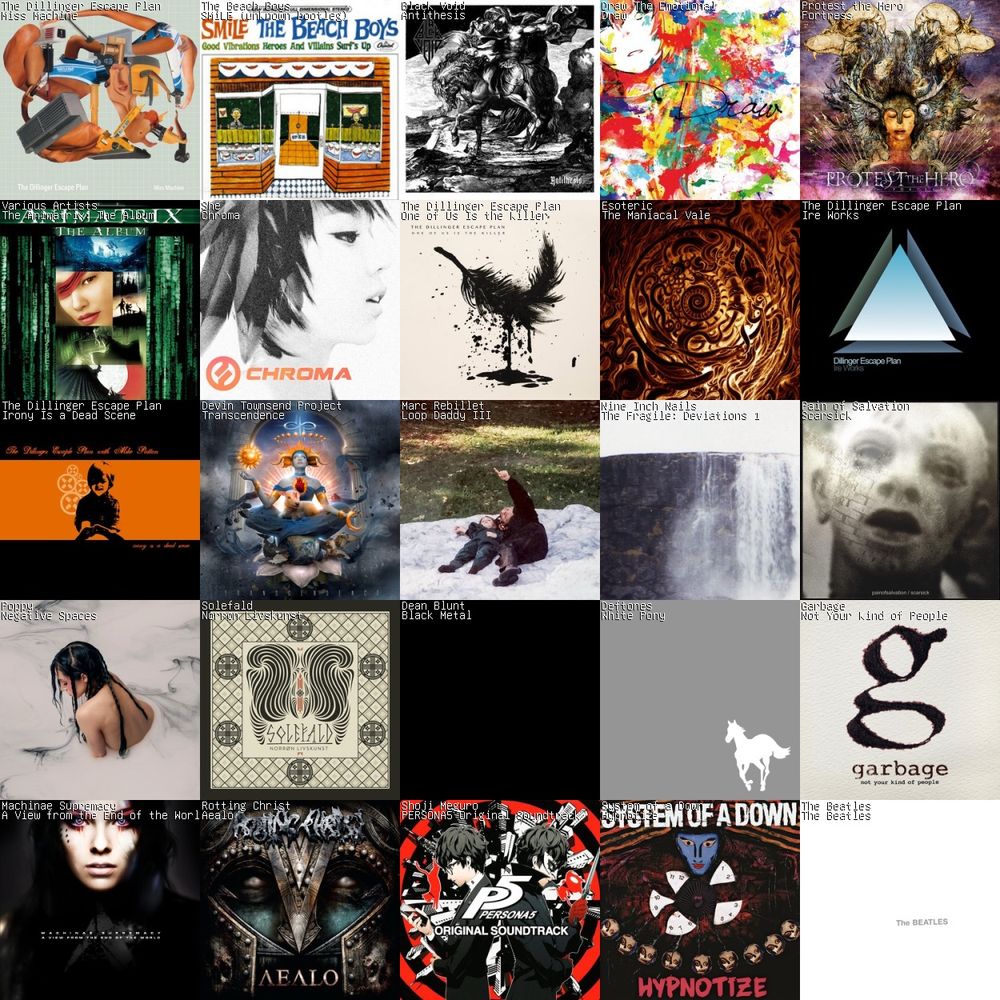 Album cover grid

The Dillinger Escape Plan
The Beach Boys
Black Void
Draw the Emotional
Protest the Hero
Animatrix OST
She
Esoteric
Devin Townsend Project
Marc Rebillet
Nine Inch Nails
Pain of Salvation
Poppy
Solefald
Dean Blunt
Deftones
Garbage
Machinae Supremacy
Rotting Christ
Persona 5 OST
System of a Down
The Beatles