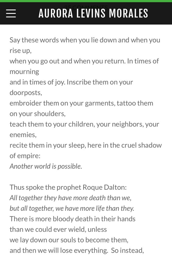 Screenshot of the start of the poem “V’ahavta” by Aurora Levins Morales:

Say these words when you lie down and when you rise up,
when you go out and when you return. In times of mourning
and in times of joy. Inscribe them on your doorposts,
embroider them on your garments, tattoo them on your shoulders,
teach them to your children, your neighbors, your enemies,
recite them in your sleep, here in the cruel shadow of empire:
Another world is possible.

Thus spoke the prophet Roque Dalton:
All together they have more death than we,
but all together, we have more life than they.
There is more bloody death in their hands
than we could ever wield, unless
we lay down our souls to become them,
and then we will lose everything.  So instead,