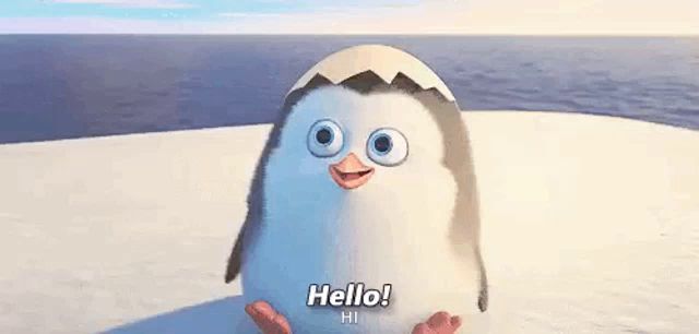 a penguin is sitting on top of a snow covered beach and says `` hello ! ''