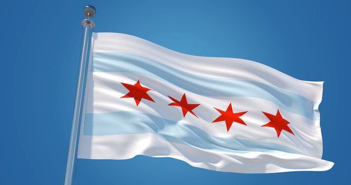 Chicago flag, white with two horizontal light blue stripes and four 6 pointed stars in the middle arranged horizontally.