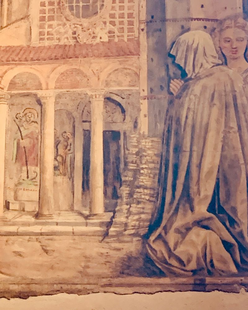 Detail of a kneeling, praying figure from Benedetto Bonfigli’s frescoes for the Chapel of the Priors in Perugia (1454; image captured in the late afternoon sun)