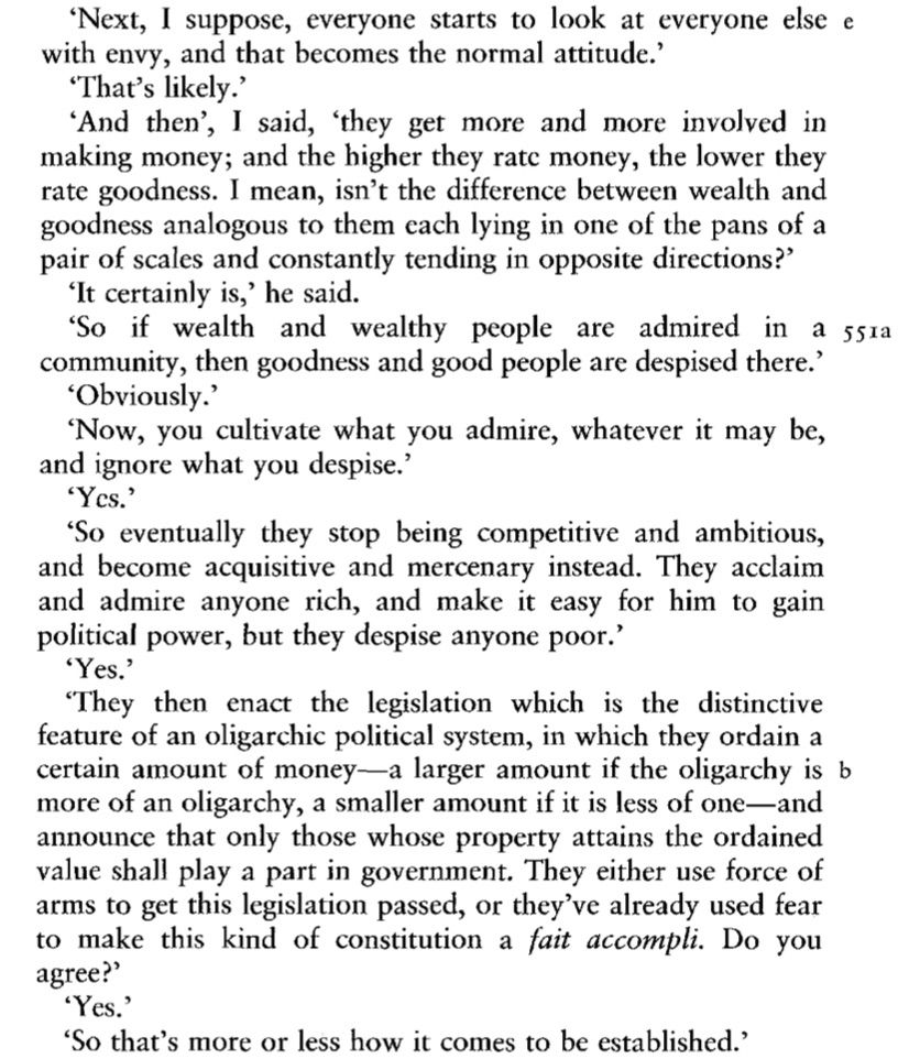An excerpt from Plato’s explanation of how oligarchy is established, as detailed in book XI of the Republic. 