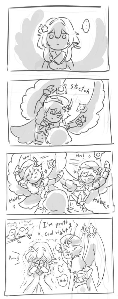 webcomic of venti performing a seductive dance to seduce lumine, in a super cool way, in the last case a birb says hes the one that taught him and lumine is clearly totally seduced